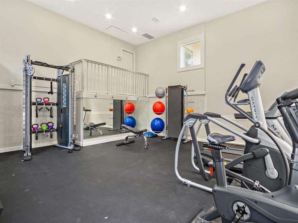 the gym is equipped with cardio equipment and weights