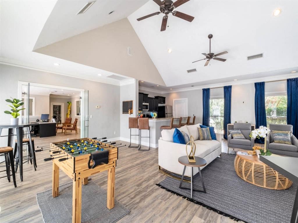a living room with a couch and a table