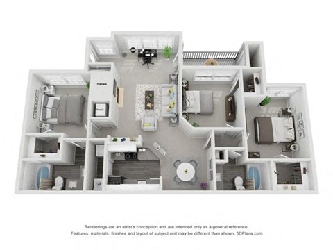 The Birmingham Three-Bedroom Apartment Floorplan Rendering The Avenues of South Hoover in Hoover Alabama