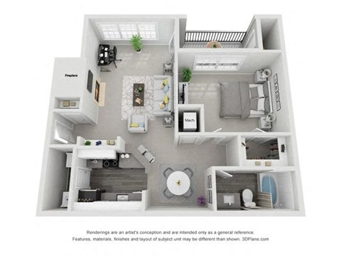 The Pelham One-Bedroom Apartment Floorplan Rendering - The Avenues of South Hoover in Hoover Alabama