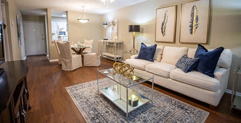 a living room with a couch and a glass table