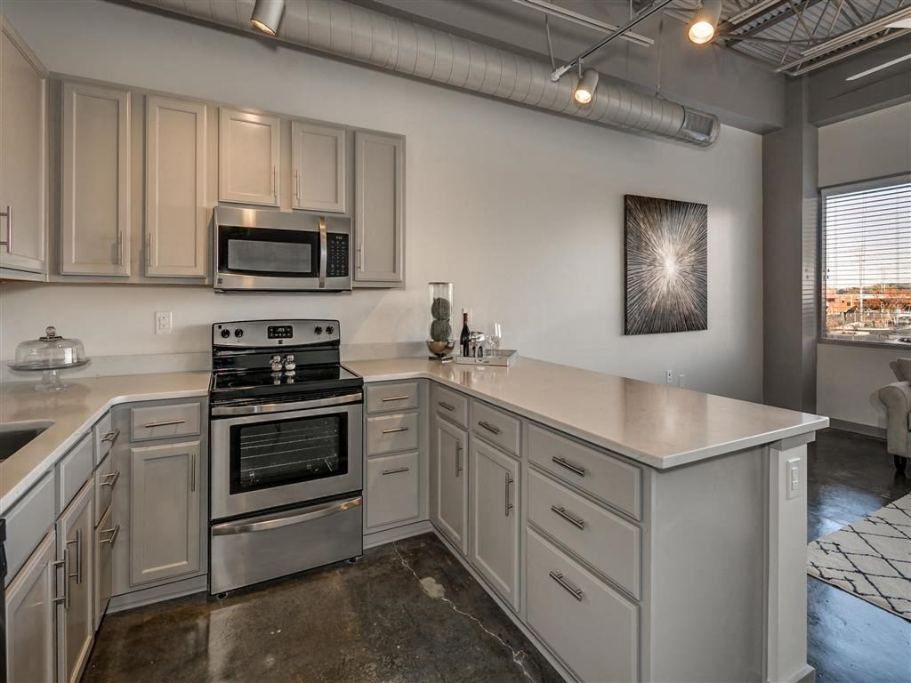 Fully Equipped Kitchen at The Tower Apartments, Tuscaloosa
