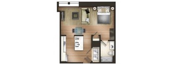 Studio 1 bathroom D Sterling Floor Plan at The Tower Apartments, Tuscaloosa, Alabama