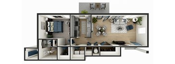 the living room of this apartment is shown in a rendering