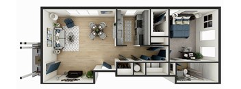 arial view of the living room of a 1 bedroom apartment