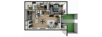 an overhead view of a 2 bedroom apartment with a living room and dining room