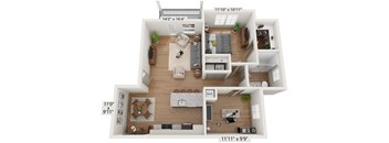 Classic apartment floor plan with private balcony/patio.