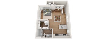Townhome-style studio floor plan with private entry