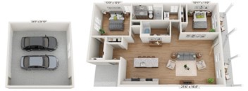 Cottage-style 2BRx2BA home with covered porch, 2-car garage, and yard.