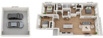 Cottage-style home with covered porch, 2-car garage, and yard.