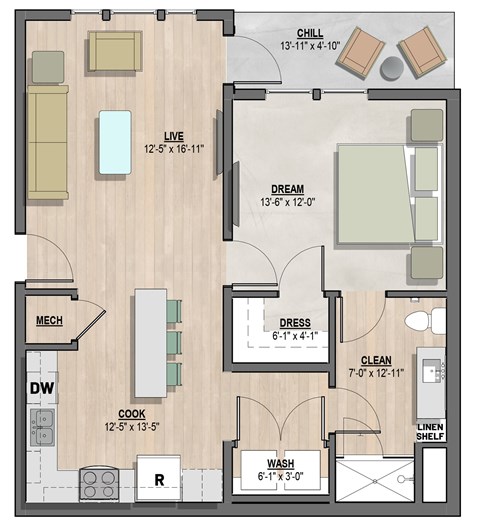 Arden1 one-bedroom, one-bathroom floor plan at Colina Weho in Birmingham, AL