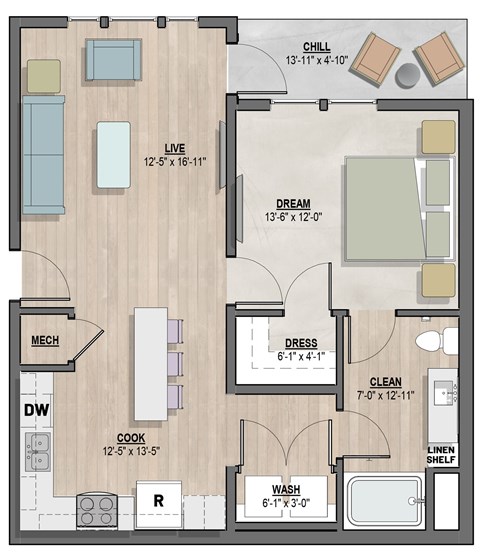 Arden2 one-bedroom, one-bathroom floor plan at Colina Weho in Birmingham, AL