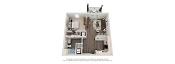 A 3D floor plan of a small apartment with a kitchen, living room, and bathroom.