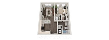 A 3D floor plan of a small apartment with a living room, kitchen, and bathroom.