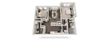 A 3D floor plan of a house with a kitchen, living room, and bathroom.