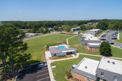 arial view of the apartments and parking lot