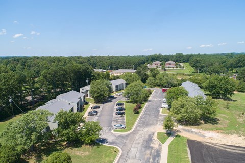 an aerial view of a neighborhood of buildings and trees