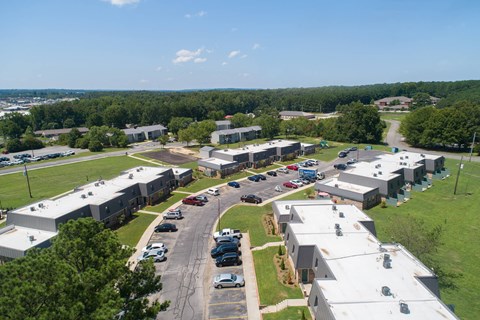 an aerial view of the barracks and parking lot