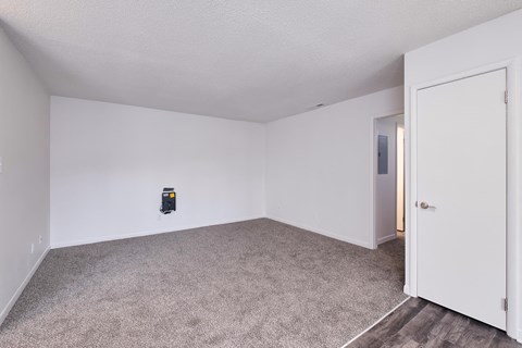 an empty room with white walls and carpet and a door