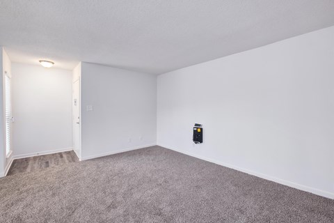 an empty living room with white walls and carpet