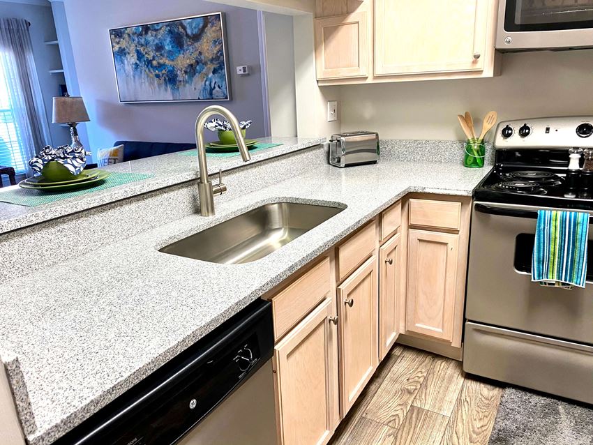Wood flooring at Village at Caldwell Mill Apartments in Birmingham, Alabama Quartz countertops and stainless steel appliances at Village at Caldwell Mill Apartments in Birmingham, Alabama - Photo Gallery