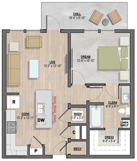 Ashton one-bedroom, one-bathroom floor plan at Colina Weho in Birmingham, AL