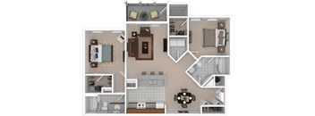 A floor plan of a house with a kitchen, living room, dining room, and bathroom.