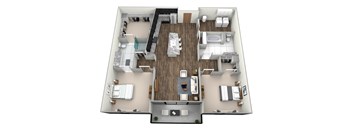 A 3D floor plan of a house with a kitchen, living room, dining room, and bedrooms.