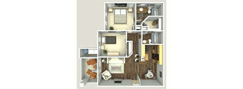 A 3D floor plan of a house with a living room, kitchen, and bedrooms.