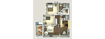 A 3D floor plan of a house with multiple rooms.