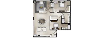 a floor plan of a two bedroom apartment with two bathrooms and a living room with a dining