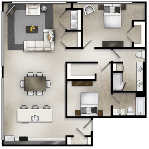 a floor plan of a two bedroom apartment with two bathrooms and a living room with a dining