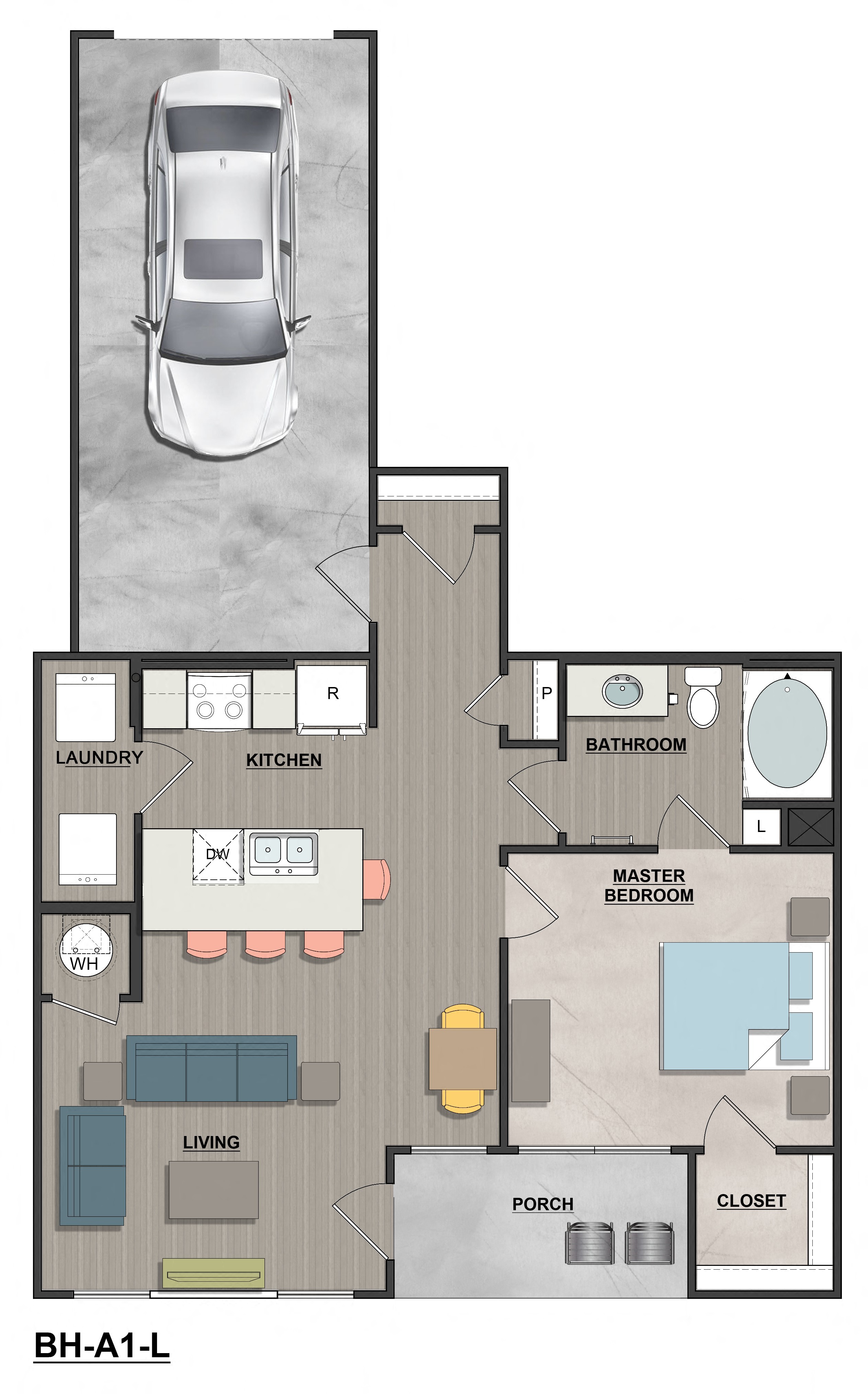 a floor plan of a house with a car in the middle of it