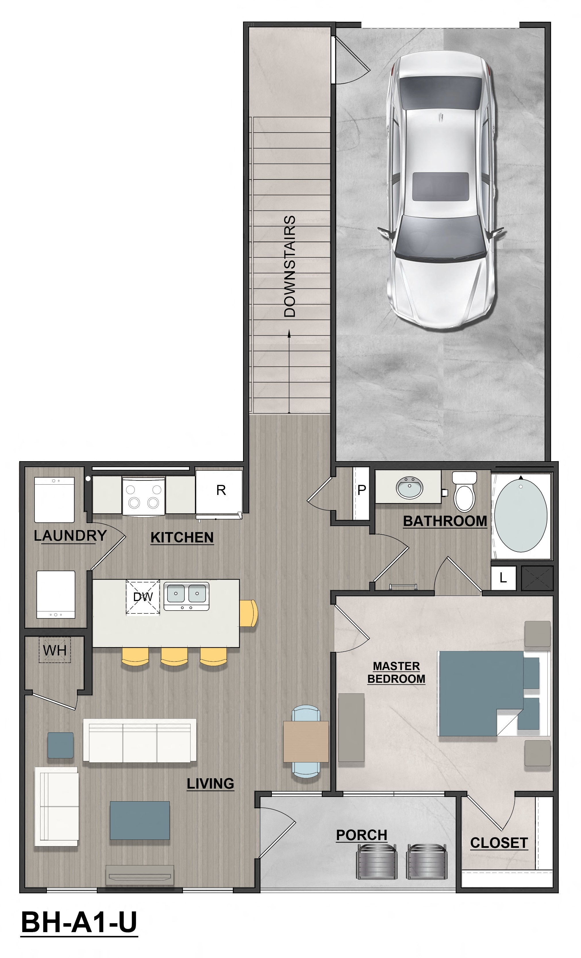 a floor plan of a house with a car in the garage