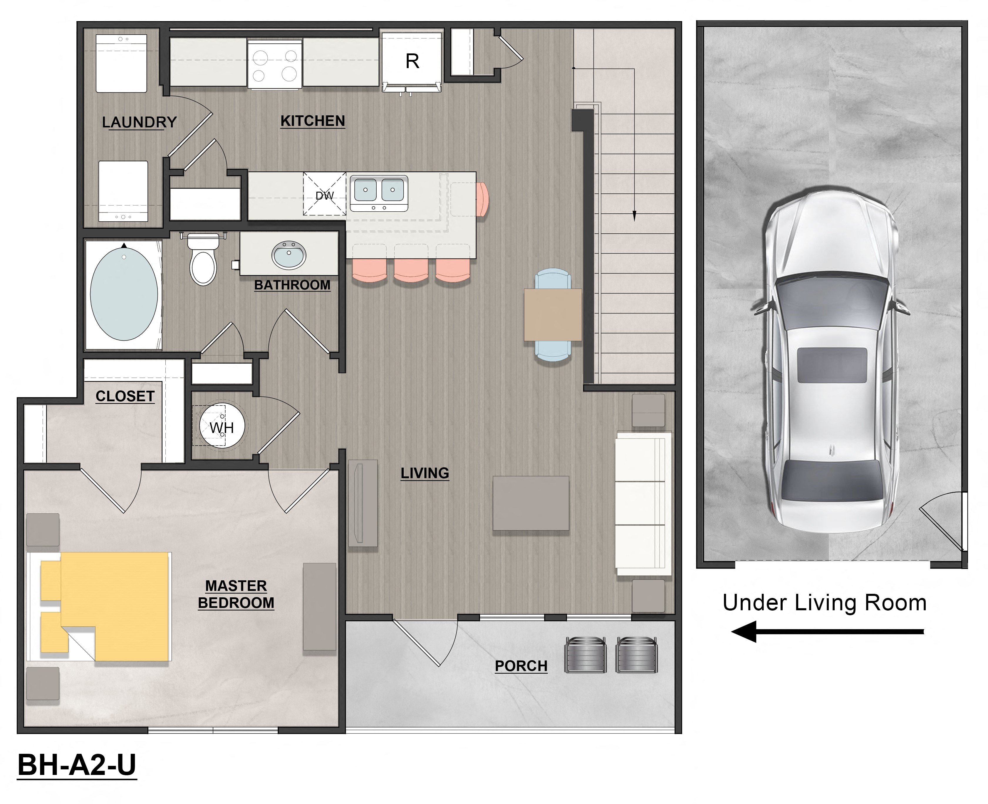 a floor plan of a house with a car in the living room
