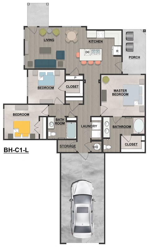 a floor plan of a house with a car in the garage