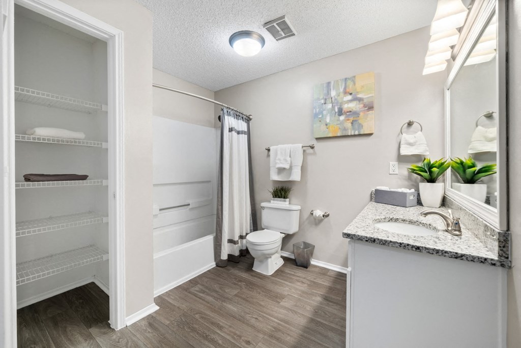 Bathroom with granite counters, wood-look flooring, vanity lighting, and storage at Summerchase at Riverchase in Hoover, Alabama