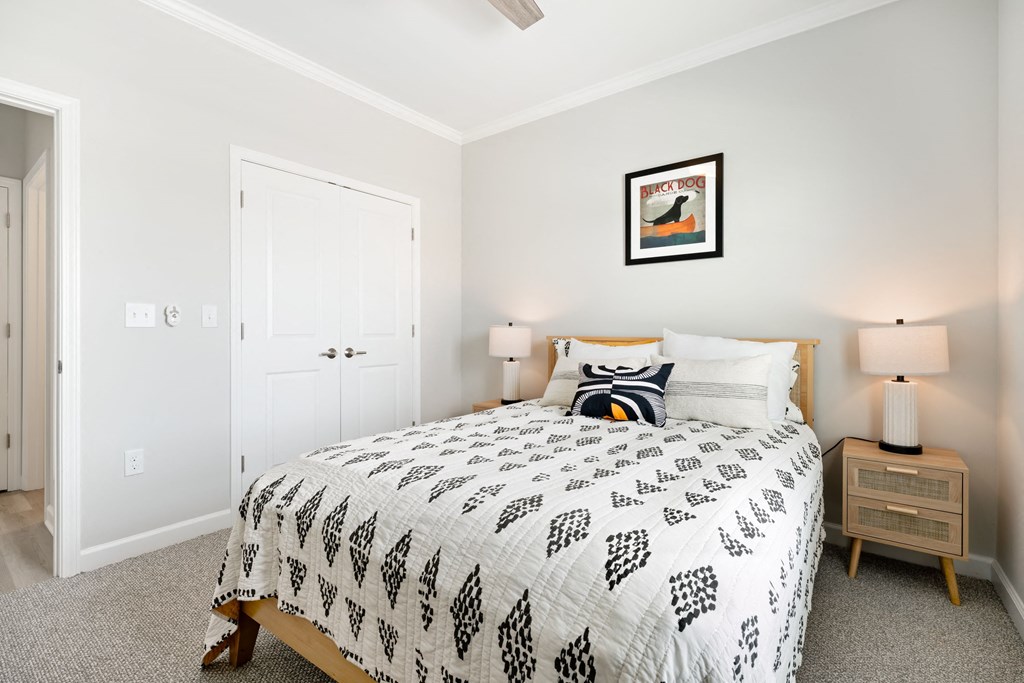 a bedroom with a bed and a closet