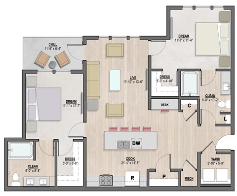 Bellevue1 two-bedroom, two-bathroom floor plan at Colina Weho in Birmingham, AL