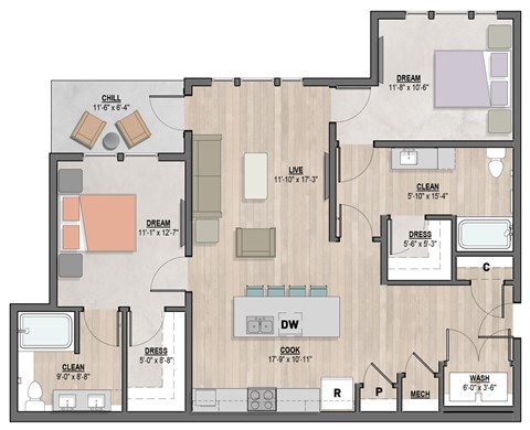 Bellevue2 two-bedroom, two-bathroom floor plan at Colina Weho in Birmingham, AL