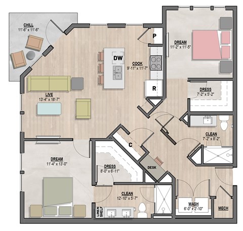 Bentley1 two-bedroom, two-bathroom floor plan at Colina Weho in Birmingham, AL