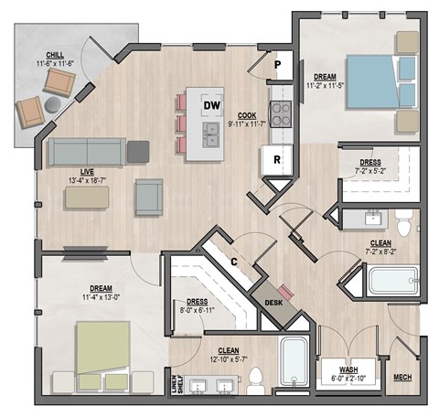 Bentley2 two-bedroom, two-bathroom floor plan at Colina Weho in Birmingham, AL