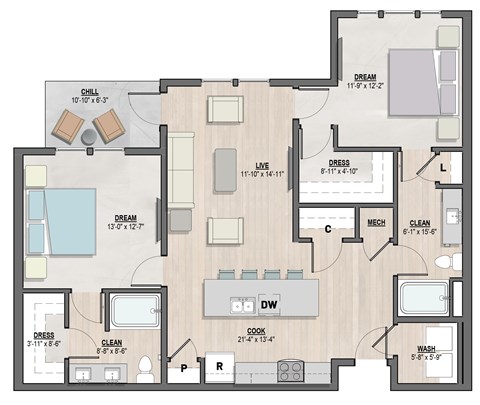 Bradford two-bedroom, two-bathroom floor plan at Colina Weho in Birmingham, AL