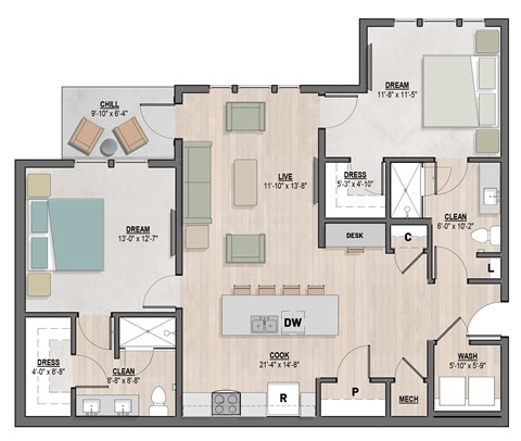 Briarwood1 two-bedroom, two-bathroom floor plan at Colina Weho in Birmingham, AL