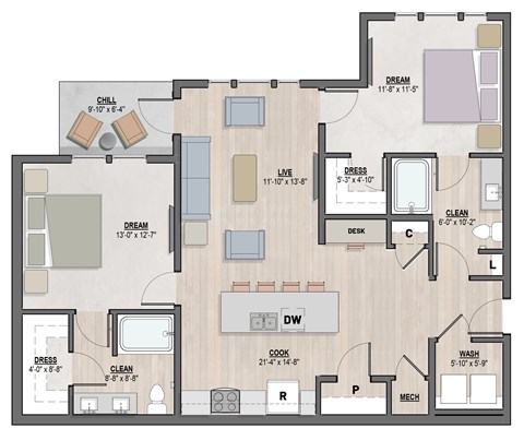 Briarwood2 two-bedroom, two-bathroom floor plan at Colina Weho in Birmingham, AL