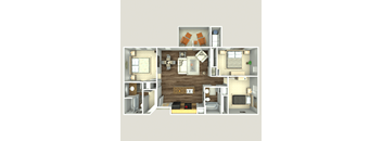 A 3D rendered image of a small apartment layout.