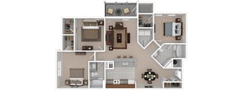 A floor plan of a house with a kitchen, living room, dining room, and bathroom.