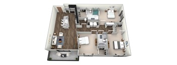 A 3D floor plan of a house with a kitchen, living room, dining room, and bedrooms.