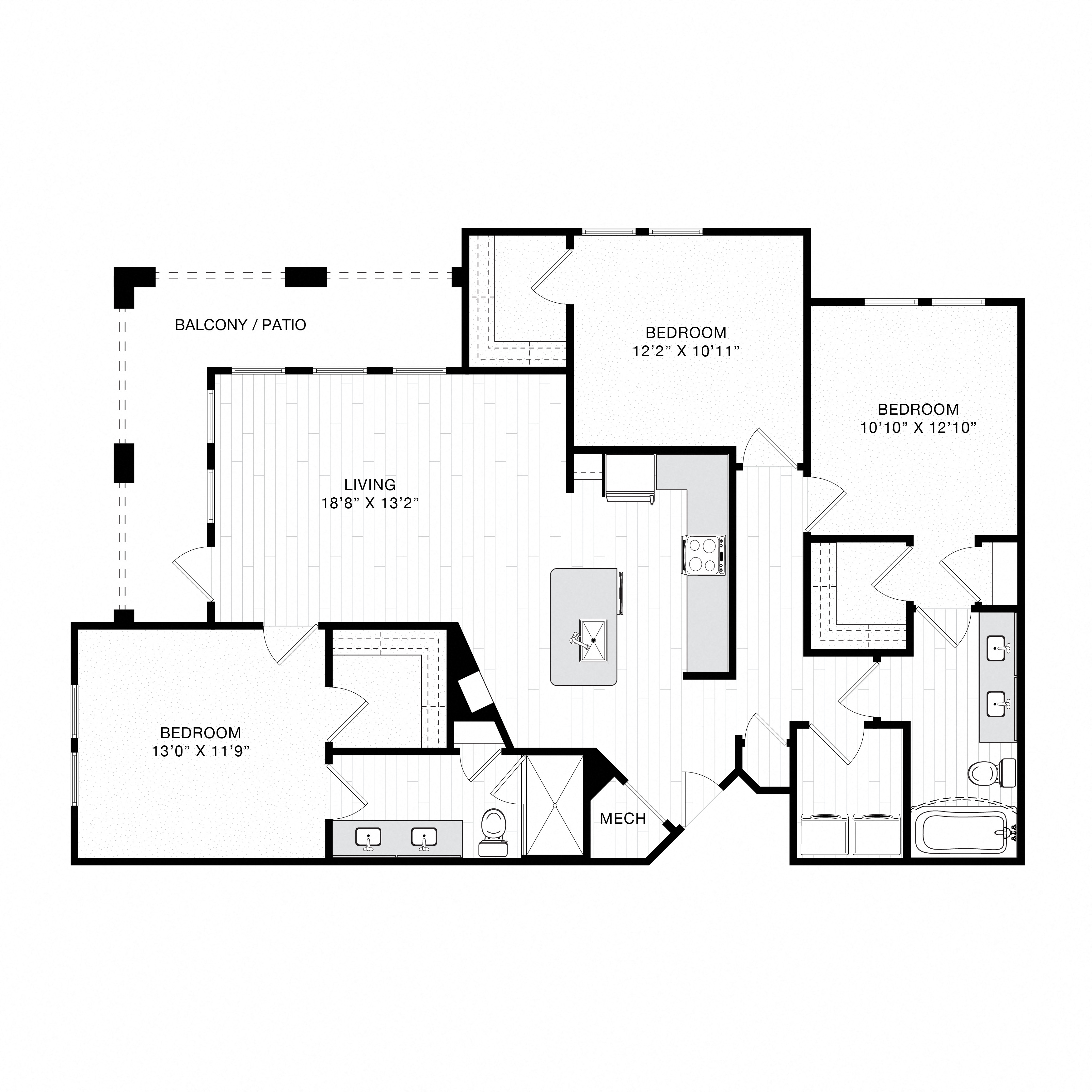 a floor plan of three bedrooms and two baths with a northwest orientation at Tapestrry East Bay in Apollo Beach, FL