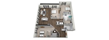A 3D floor plan of a house with a kitchen, living room, and bedrooms.